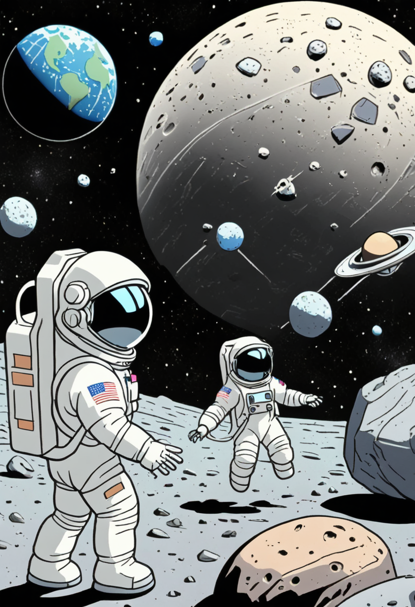 A space station orbiting Earth where astronaut kids encounter friendly aliens exchanging moon rocks and playing zero-gravity tag <lora:Everly_Heights_Comics:1>