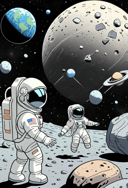 A space station orbiting Earth where astronaut kids encounter friendly aliens exchanging moon rocks and playing zero-gravity tag <lora:Everly_Heights_Comics:1>