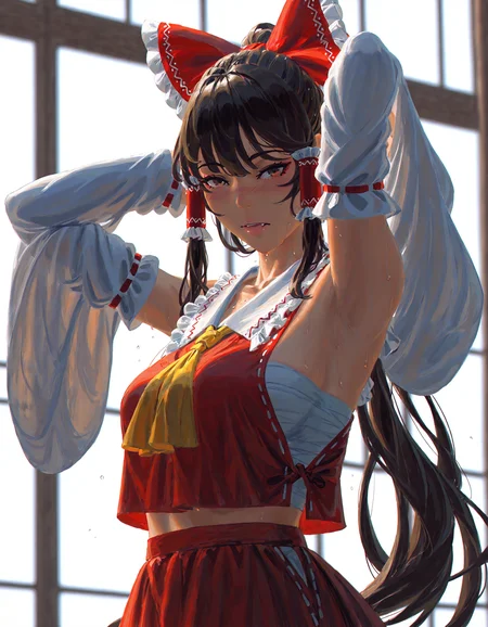 (newest, recent,:1.3), (guweiz, mihifu, bekus), realistic, year_2024, year_2023, year_2022, year_2021,
absurdres, highres, best quality, masterpiece, very aesthetic,
touhou, hakurei reimu, 1girl, armpits, arms behind head, arms up, ascot, blush, bow, breasts, brown eyes, brown hair, detached sleeves, double-parted bangs, fang, frilled hair tubes, frilled shirt collar, frills, hair between eyes, hair bow, hair tubes, half-closed eyes, long hair, long sleeves, looking at viewer, medium breasts, parted lips, ponytail, red bow, red vest, sarashi, simple background, skirt, skirt set, solo, sweat, upper body, very long hair, vest, yellow ascot, indoors, <lora:Artist_style_Void_0:0.7>,