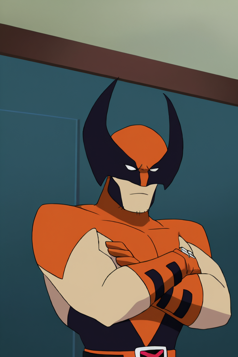 masterpiece, best quality, highres, newest, wolvevo, 1boy, solo, male focus, mature male, facial hair, stubble, bodysuit, orange bodysuit, black bodysuit, two-tone bodysuit, short sleeves, orange gloves, mask, covered eyes, white eyes, no pupils, belt, muscular, crossed arms, looking at viewer, standing, portrait, upper body, indoors, living room <lora:Wolverine (Logan) X-Men Evolution (First Suit) v1.1 [LoRA] - NoobAI-XL EPS 1.0:1>
