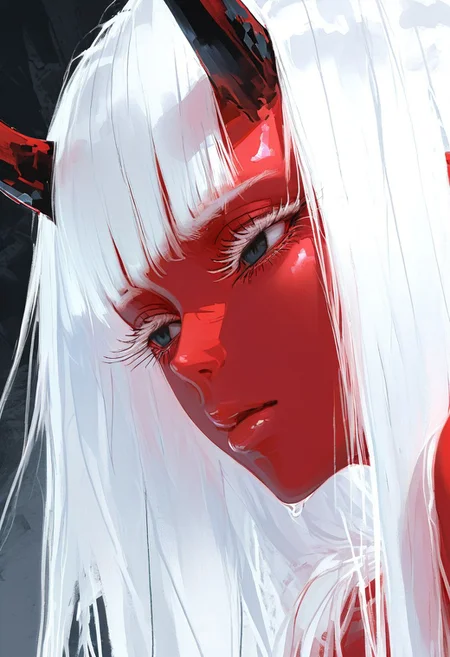 masterpiece, best quality, amazing quality, 1girl, solo, long hair, white hair, black eyes, eyelashes, portrait, close-up, long eyelashes, glossy lips,
wlop, nhl-001, limited palette, realistic
Aka-Oni, oni, colored skin, red skin, smooth horns, black horns