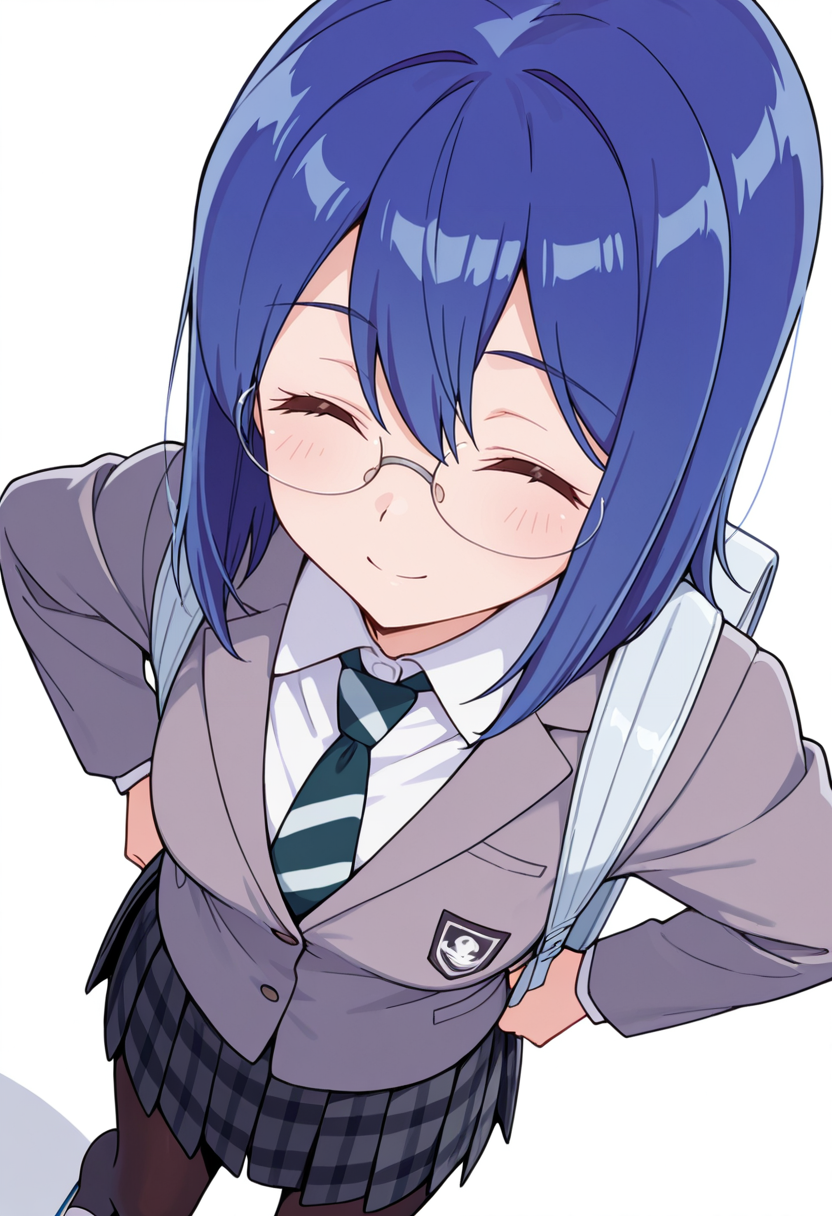 masterpiece,high quality details,absurdres, 
<lora:Mamiya_Kanoko:0.8> 
kanoko_cnr, 1girl, blue hair,medium hair,hair between eyes,
kanoko_s2,collared shirt, grey jacket, striped necktie,plaid skirt, pleated skirt,black pantyhose,glasses, backpack, uwabaki,, simple background, white background, sideways,solo,, ^ ^,
