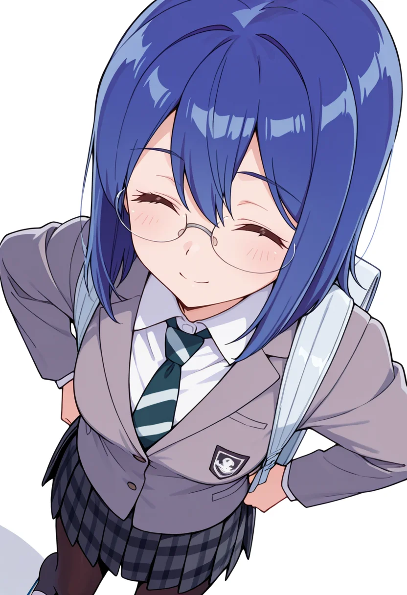 masterpiece,high quality details,absurdres,
<lora:Mamiya_Kanoko:0.8>
kanoko_cnr, 1girl, blue hair,medium hair,hair between eyes,
kanoko_s2,collared shirt, grey jacket, striped necktie,plaid skirt, pleated skirt,black pantyhose,glasses, backpack, uwabaki,, simple background, white background, sideways,solo,, ^ ^,