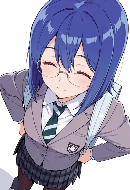 masterpiece,high quality details,absurdres,
<lora:Mamiya_Kanoko:0.8>
kanoko_cnr, 1girl, blue hair,medium hair,hair between eyes,
kanoko_s2,collared shirt, grey jacket, striped necktie,plaid skirt, pleated skirt,black pantyhose,glasses, backpack, uwabaki,, simple background, white background, sideways,solo,, ^ ^,