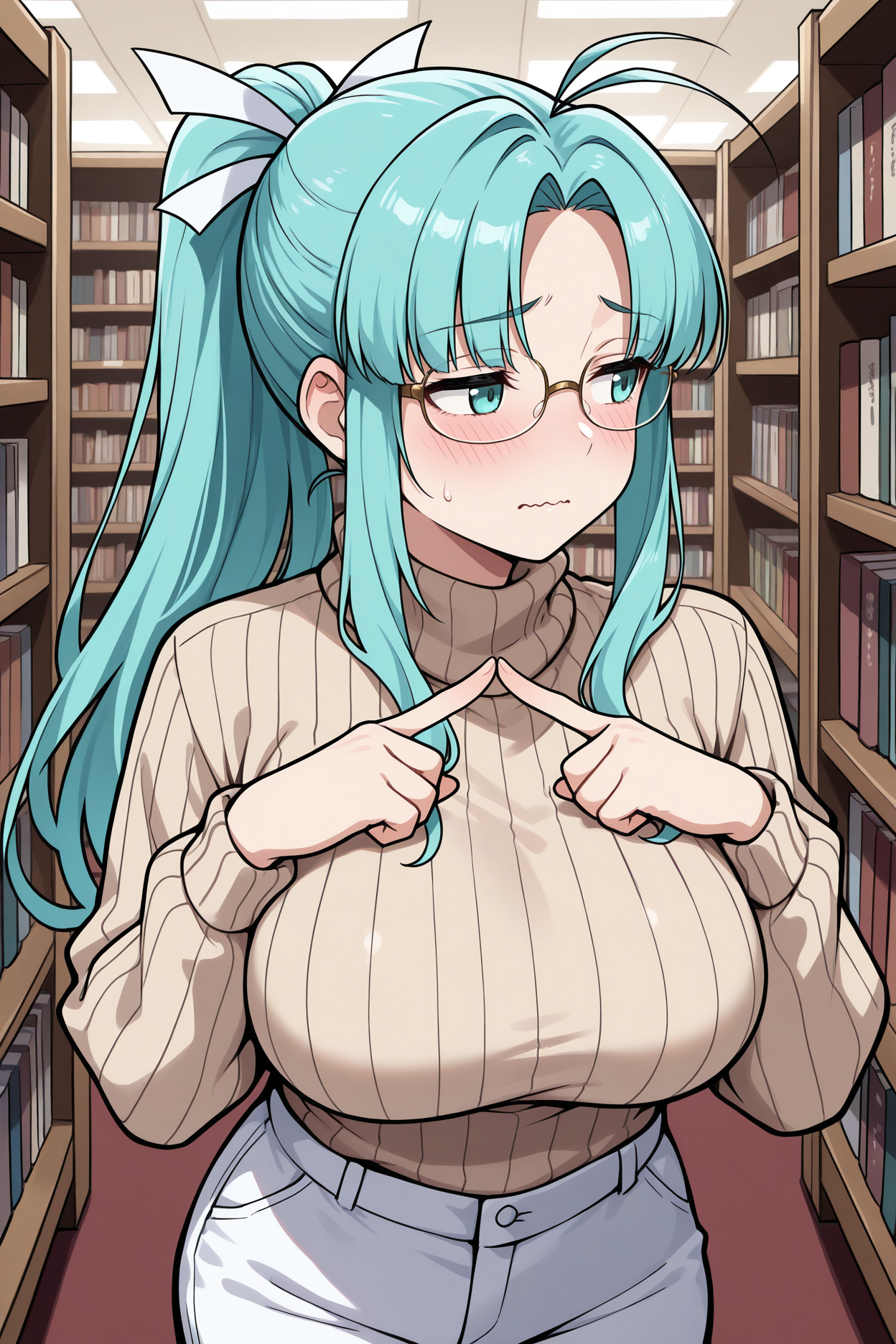 masterpiece, best quality, 1girl, solo,  <lora:gsmia-illu-nvwls-v1-000005:1> m1a, aqua hair, parted bang, high ponytail, long hair, antenna hair, sidelocks, aqua eyes, hair ribbon, beige sweater, turtleneck, white pants, large breasts, half-closed eyes, blush, wavy mouth, avoiding eye contact, looking to the side, glasses, library, index fingers together, ribbed sweater