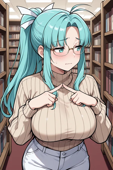 masterpiece, best quality, 1girl, solo, <lora:gsmia-illu-nvwls-v1-000005:1> m1a, aqua hair, parted bang, high ponytail, long hair, antenna hair, sidelocks, aqua eyes, hair ribbon, beige sweater, turtleneck, white pants, large breasts, half-closed eyes, blush, wavy mouth, avoiding eye contact, looking to the side, glasses, library, index fingers together, ribbed sweater