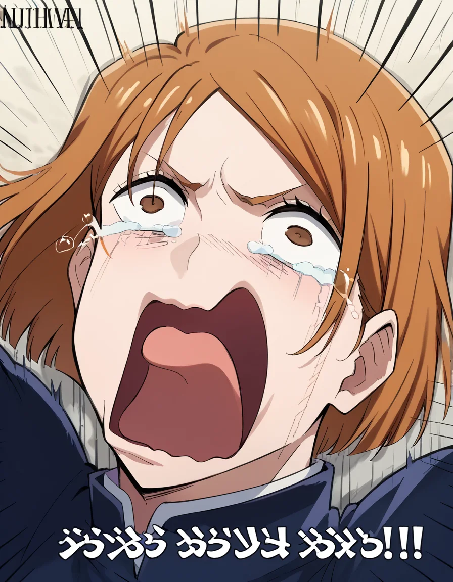 score_9, score_8_up, score_7_up, source_anime, <lora:nobara-kugisaki-s1s2-ponyxl-lora-nochekaiser:1>, nobara kugisaki, kugisaki nobara, bob cut, brown eyes, brown hair, lips, short hair, large breasts, <lora:crying-aqua-ponyxl-lora-nochekaiser:1> crying aqua, crying aqua (meme), screaming, crying, crying with eyes open, tears, tongue, open mouth,, ,