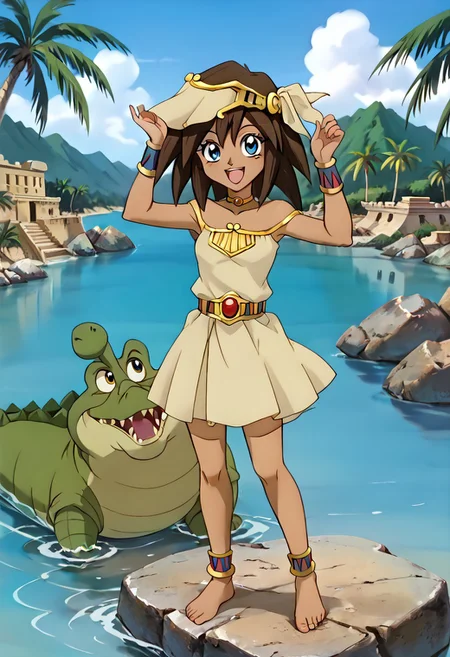 masterpiece, best quality, absurdres, 4k, 8k, (anime coloring, anime screencap, megami magazine:1.3), retro artstyle, Tick Tock crocodile(view from away of Mana),fat,giant,male animal,animal,open large mouth ,green skin, blushing,blue eyes, Tick Tock the crocodile is giant and very huge size,teeth,look viewer,smile, happy,Tick Tock the crocodile swimming in the water,his head exposed,belly exposed,Tick Tock the crocodile head exposed and emerged in the water river,looking at viewer.
Mana, 1girl, dark skin, score_8_up, score_7_up, brown hair, light smile, Egypt <lora:ManaSDXLPony-8-8-c-Test:0.9>, cute pose, full body, anklet, belt,2000s \(style\), , necklace, bracelet, wristband, choker, sleeveless, blushing,parted lips,(smile, happy),looking at viewer, smug, barefoot, anklet,Mana is her verry little size, jewelry,Mana is her lying on stomach,feet, barefoot,foot_focus,Mana on the head of Tick Tock the crocodile,rock.
Palm_trees, egyptian,egypt,nile_river,vegetation,river water,trees,stone structure, stone building, egypt_background colorfull,
(Disney),(manga_anime)