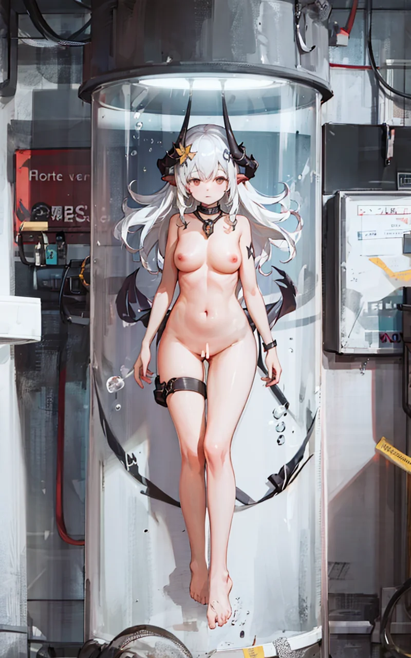 masterpiece,1girl,solo,
,<lora:MudrockSummerV1-000008:0.8>,(horns:1.3),white hair,long hair,very long hair,navel,(nude:1.5),
<lora:cultivation_tankV1-000008:1.2>,cultivaion_tank,underwater, bubble, in container, barefoot,