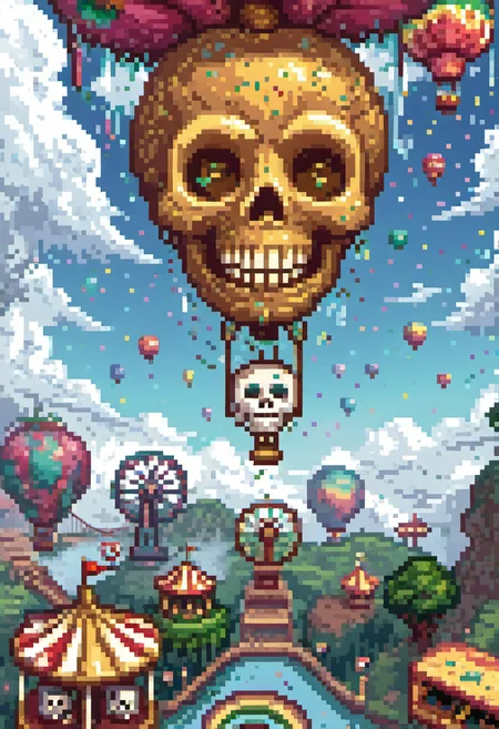 pixel art, digital art, Hyper-detailed digital painting of a floating carnival shaped like a giant skull, suspended in the clouds by colorful hot air balloons. The eye sockets are Ferris wheels, and the nasal cavity is a roller coaster spiraling outwards. Tiny figures scream with joy as confetti rains down from the mouth. style whimsical surrealism with vibrant colors. Lighting: golden hour with glowing carnival lights. theme escapism, joy in mortality. fantastical, humorous.