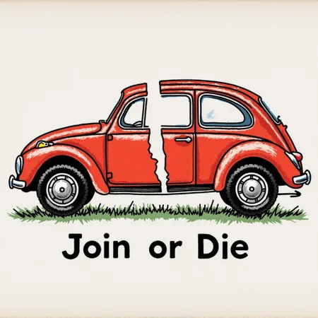 a car seperated into equal size pieces with the caption "Join or Die" under neath in the style of snek