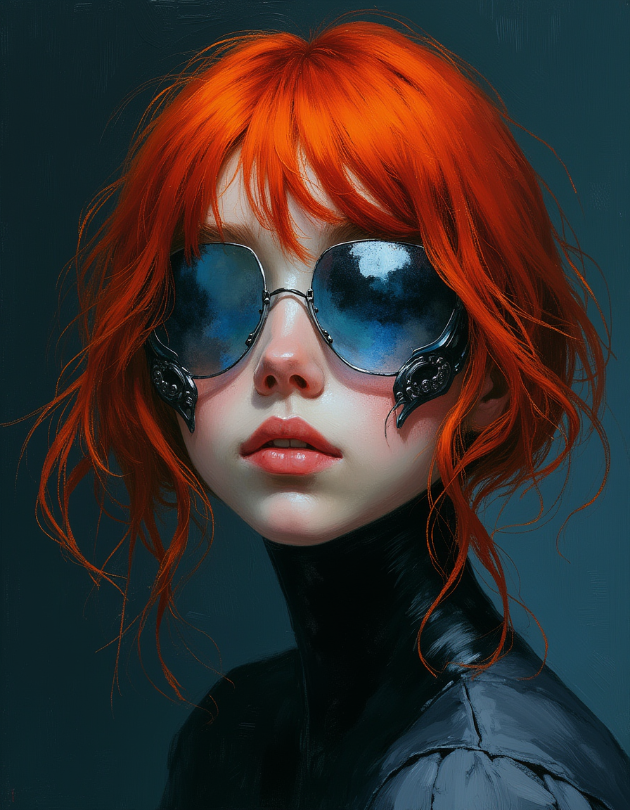 portrait of red-haired teen girl with a cybernetic face made of synthetic leather parts, carbon neck and matte blue details, transparent and translucent minimalistic shapes, gradient background 
Shadow and light, Masterpiece, intricate lines, intriguing atmosphere, sharp magnificent details, delicate features, elaborate details, (2\3 rule composition:0.5), ultra detailed, romantic, Rembrandt lighting, brush stroke, lovely, del1cate_balance style, novuschroma, in the style of Rembrandt. vantablack <lora:style_of_Rembrandt_FLUX_135:.8> <lora:- Flux1 - vanta_black_V2.0:.3> <lora:Delicate_Balance:.3> <lora:neeeg_f1:-1> <lora:113_novuschromaFLX_1:.4>