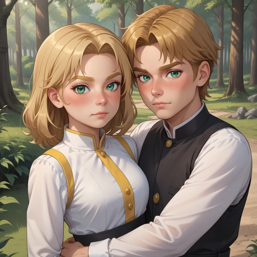 masterpiece, best quality, score_9, break. Pavursula, (((1boy, pavel, blonde hair, blonde eyebrows, blue eyes, blush, yellow clothing, black pants, black shoes))), break, (((1girl, ursula, brown hair, brown eyebrows, green eyes, blush, white clothing, black pants, black shoes))), hug, forest, natural lighting