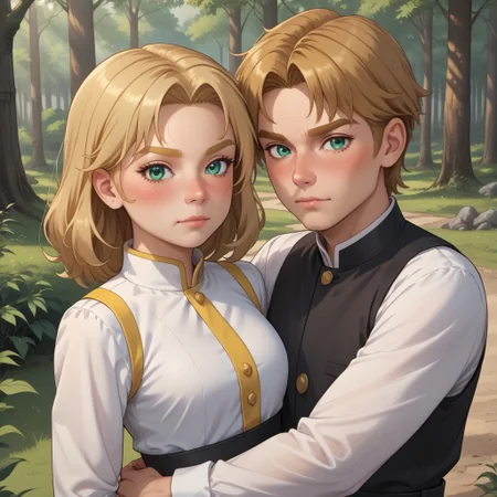 masterpiece, best quality, score_9, break. Pavursula, (((1boy, pavel, blonde hair, blonde eyebrows, blue eyes, blush, yellow clothing, black pants, black shoes))), break, (((1girl, ursula, brown hair, brown eyebrows, green eyes, blush, white clothing, black pants, black shoes))), hug, forest, natural lighting