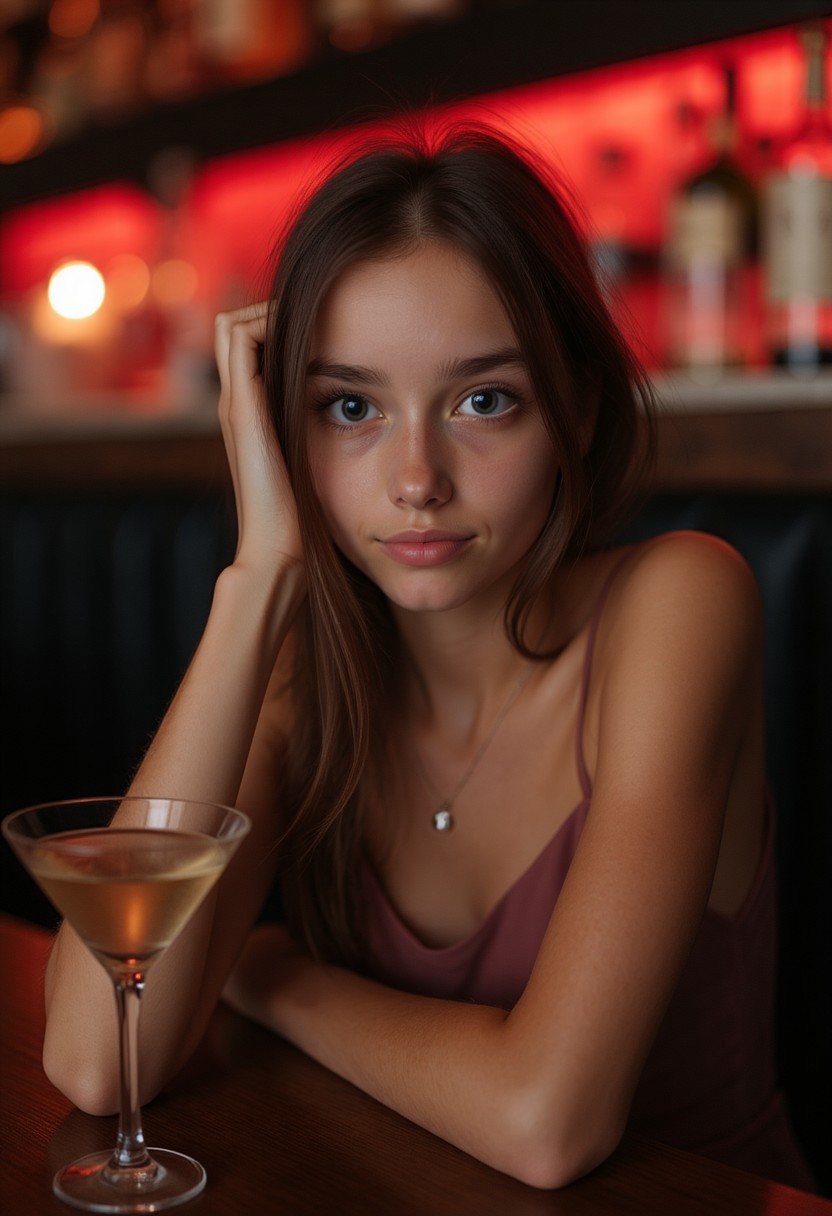 close-up POV photo of an extremely skinny 18-year-old girl with long hair sitting at an upscale cocktail bar leaning on her elbow, looking at the camera and smiling flirtatiously, (martini glass in front of her), twirling her hair, wearing a sexy revealing cocktail dress, horny, ((blushing, flushed cheeks)), pale white skin, big eyes, detailed realistic eyes, dilated pupils, vibrant makeup, thin figure, slender body, small breasts, dark room, dim lighting, contrast lighting, neon lighting, nighttime, long focal range, detailed cocktail bar background, photorealistic