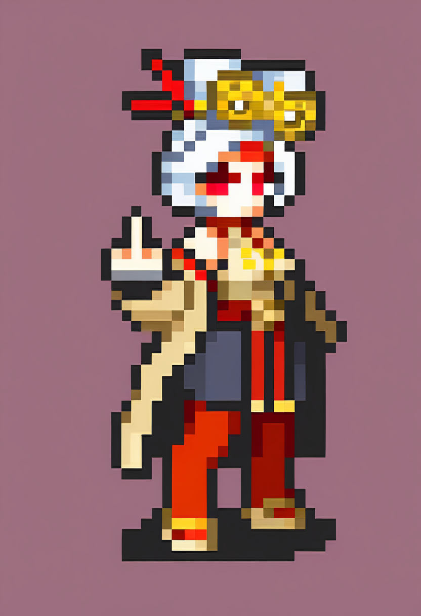 masterpiece, best quality, solo, 1girl,  <lora:FEGBA-Sprites-illus_Fp:1>, simple background, pixel art, full body, purah, middle finger, from side, white hair, red eyes, red glasses, eyewear, coat, off shoulder, sash, black skirt, red leggings