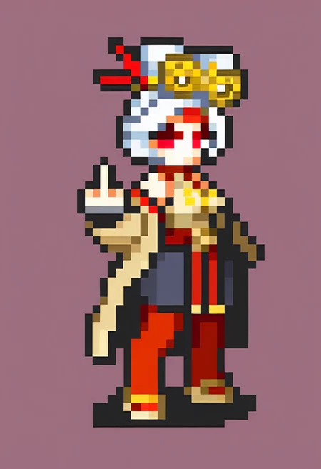 masterpiece, best quality, solo, 1girl, <lora:FEGBA-Sprites-illus_Fp:1>, simple background, pixel art, full body, purah, middle finger, from side, white hair, red eyes, red glasses, eyewear, coat, off shoulder, sash, black skirt, red leggings