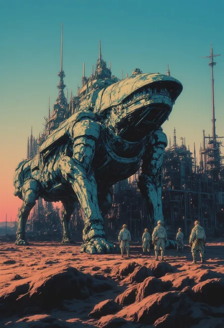 The image is a digital illustration in a detailed, vibrant, high contrast, semi-realistic art style with 90s retro futuristic anime elements without noise or comic halftone effect. The subject is a Crawler chugging through a desert. The theme of the crawler is pale teal, from its weathered copper hull. The crawler is a vast, 2 mile landship, a battleship with no guns. The crawler is an industrial exploratory vessel. The crawler moves on enormous tank tracks and a number of short fat legs. The bow of the crawler is asymmetrical, one side juts forward to house a large mech bay. The hull of the crawler is formed of irregular copper plates, tarnished and worn from aeons, weathered to a pale streaky teal. The hull has manmy mechanical parts integrated into it. A lance of relatively tiny mechs patrols near the crawler. The background features an abandoned oil refinery at dusk, ((dark)), with a crack of pink sunset on the horizon, industrial setting with metallic pipes and machinery, creating a sense of a dystopian or sci-fi environment. The landscape is otherwise a barren, rolling desert from horizon to horizon. The theme of the oil refinery is black and orange. The theme of the mechs is silver and grey. The theme of the desert is cream and ochre. The theme of the sky is blue and pink. The compostition and the poses are dynamic. The composition is dominated by cool tones, with a muted, slightly gritty texture that enhances the gritty, futuristic atmosphere. ne0nfant4sy