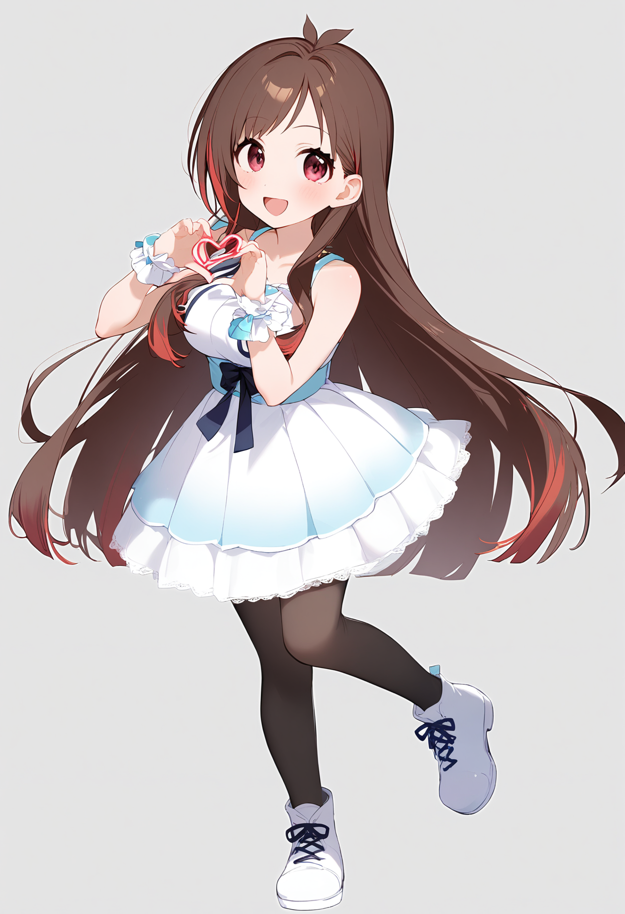 1girl,
tsujino akari,


blush, antenna hair, :d, pleated dress, multicolored hair, long hair, pantyhose, open mouth, collarbone, red eyes, sidelocks, shoes, standing on one leg, sleeveless dress, two-tone hair, red hair, white footwear, very long hair, wrist cuffs, medium breasts, looking at viewer, dress, standing, brown hair, heart, solo, bare shoulders, virtual youtuber, breasts, full body, heart hands, sleeveless, hands up, smile, white background, simple background,

sfw
<lora:a31_char_new_tsujino_akari-000024:1> <lora:a31_style_koni-000010:0.8>