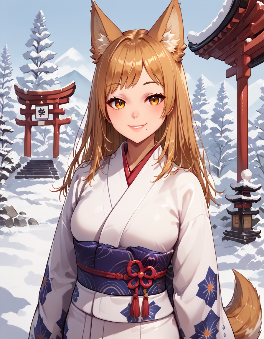 score_9,score_8_up,score_7_up, 1girl, , Nemeko,  mole under mouth, long hair, tail, looking at viewer, smile, standing, medium breasts,  kimono,  best quality, masterpiece,  winter, snow, shrine, close up,  high quality,  <lora:Nemeko_OC_-_V1_Pony-000006:1>