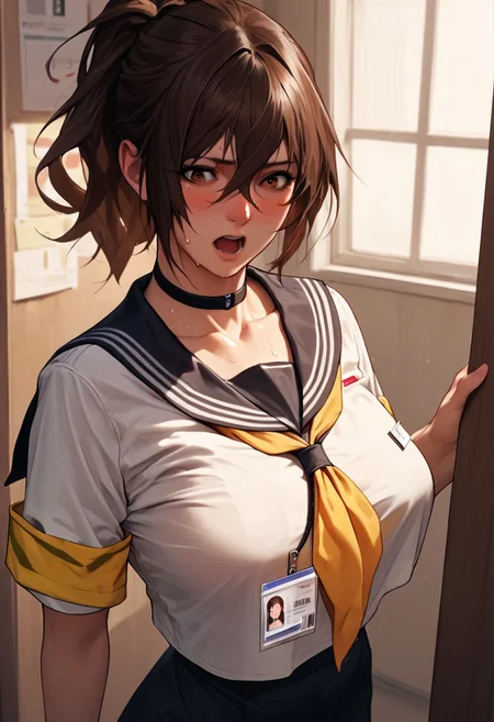 score_9, score_8_up, score_7_up, score_6_up, score_5_up, score_4_up, 
bangs, mole on breast, hair between eyes, indoors, yellow armband, choker,, short hair, open mouth, sailor collar, collarbone, brown eyes, dark-skinned male, 1girl, standing, red eyes, solo focus, id card, ponytail, black choker, arched back, brown hair, long hair, neckerchief, mole, blush, large breasts, sweat, sidelocks