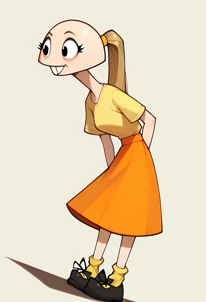 score_9, score_8_up, score_7_up BREAK pegTO, 1girl, bald head, black eyes, yellow hairclip, light brown ponytail, ponytail, buckteeth, bucktooth, no jaw, no lower jaw, half head, jawless, yellow longsleeved shirt, orange skirt, yellow socks, white black shoes,