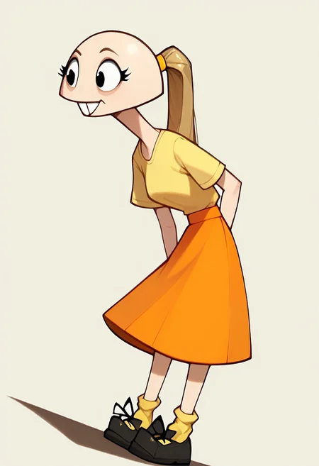 score_9, score_8_up, score_7_up BREAK pegTO, 1girl, bald head, black eyes, yellow hairclip, light brown ponytail, ponytail, buckteeth, bucktooth, no jaw, no lower jaw, half head, jawless, yellow longsleeved shirt, orange skirt, yellow socks, white black shoes,