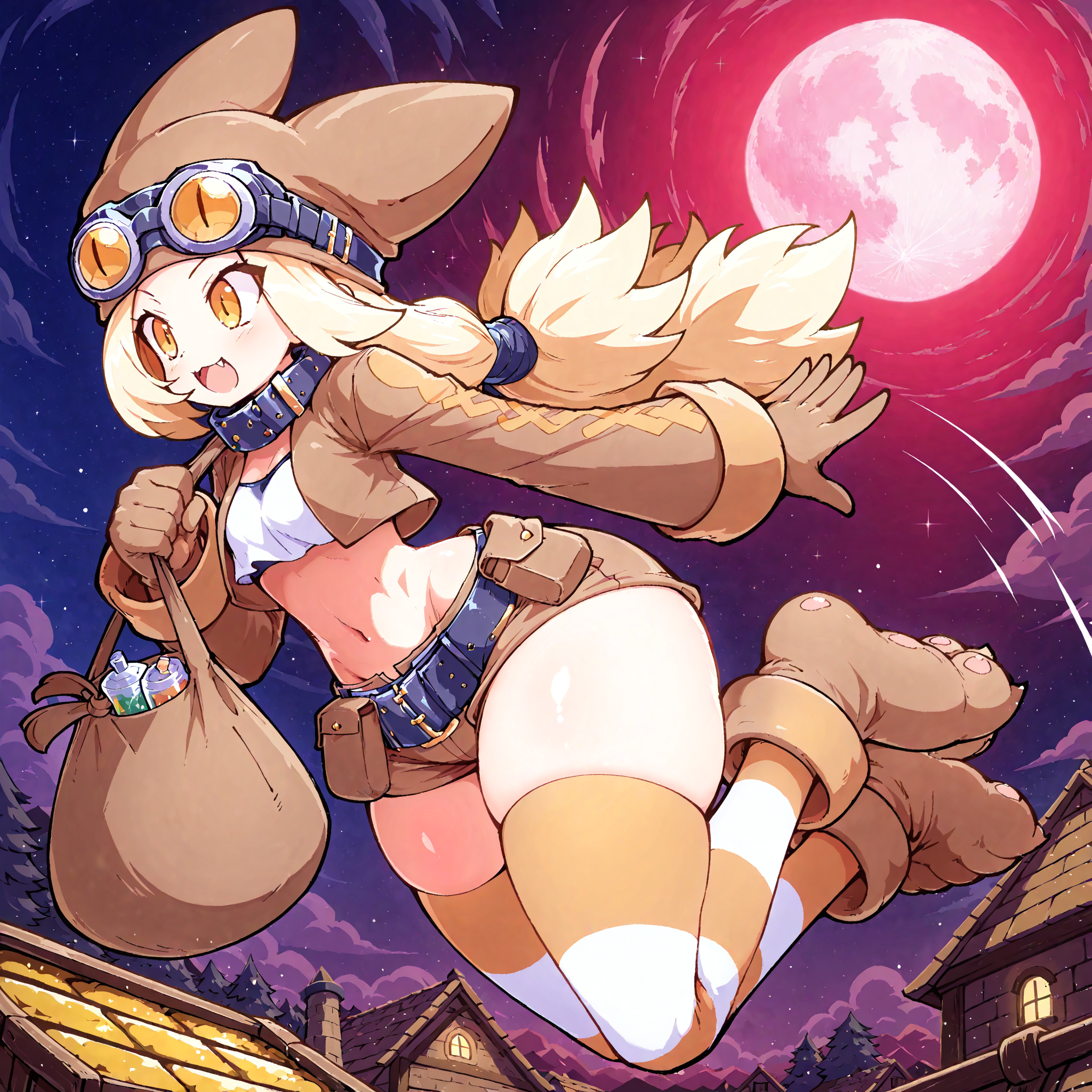 (masterpiece), best quality, (highly detailed), 1female, solo,  <lora:Masked_agent_style_IL:0.8>,  <lora:Thief:1> , thief \(disgaea\), blonde hair, long hair, yellow eyes, brown gloves, gloves, goggles, goggles on head, hat, long sleeves, paw shoes, striped clothes, striped thighhighs, thighhighs, striped clothes, striped thighhighs, belt, collar, thick thighs, jumping, midair, sloped roof, village, nighttime, red moon, smile, holding big bag, bag full of treasure,