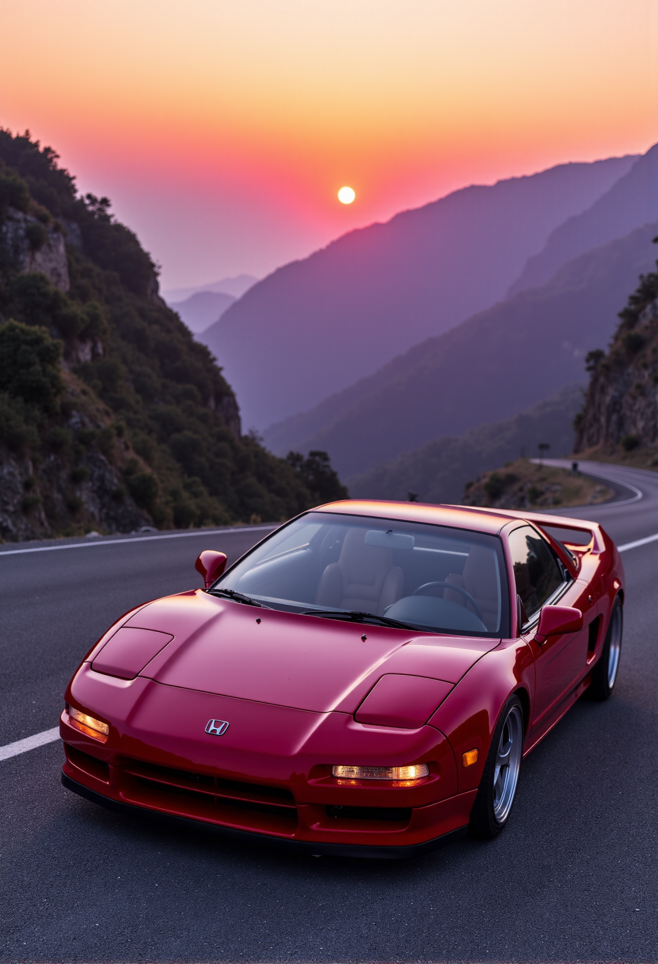 <lora:Honda_NSX:0.80>
(A from a three-quarter front view:1.3) of the Honda NSX NA1 from '91, a JDM icon carved with angular precision for raw performance, finished in Midnight Sakura—a deep crimson that blooms with fiery undertones under the fading sunset of a mountain pass. From this three-quarter perspective, the pop-up headlights pierce the twilight, their sharp rectangular edges catching the last rays of orange light, while the wide front fascia exudes unyielding aggression, its flat hood reflecting the purple sky with mirror-like clarity. The OEM 15-inch wheels, painted in matte silver, sit tucked beneath the chiseled fenders, their minimalist design amplifying the Honda NSX NA1’s impossibly low stance, as if it’s clawing the asphalt in defiance of gravity. The razor-sharp panel gaps between the hood and bumper reveal meticulous engineering, a testament to Honda’s F1-inspired legacy, while the glass-like windshield curves subtly, catching fleeting streaks of the setting sun. This three-quarter front shot magnifies the Honda NSX NA1’s commanding presence, its angular silhouette cutting through the serene backdrop of rocky cliffs and winding roads. The background blurs into a warm haze of sunset glow, making the Midnight Sakura paint the focal point, its fiery depth igniting with every shift of light. This isn’t just a Honda NSX NA1—it’s a symbol of JDM heritage, captured in a moment of untamed beauty.
