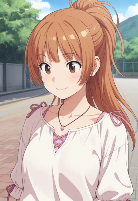 masterpiece,best quality,amazing quality, sumizome akemi, amber hair, long hair, brown eyes, 1girl, solo, jewelry, necklace, outdoors, smile, collarbone, day, ponytail, shirt, upper body