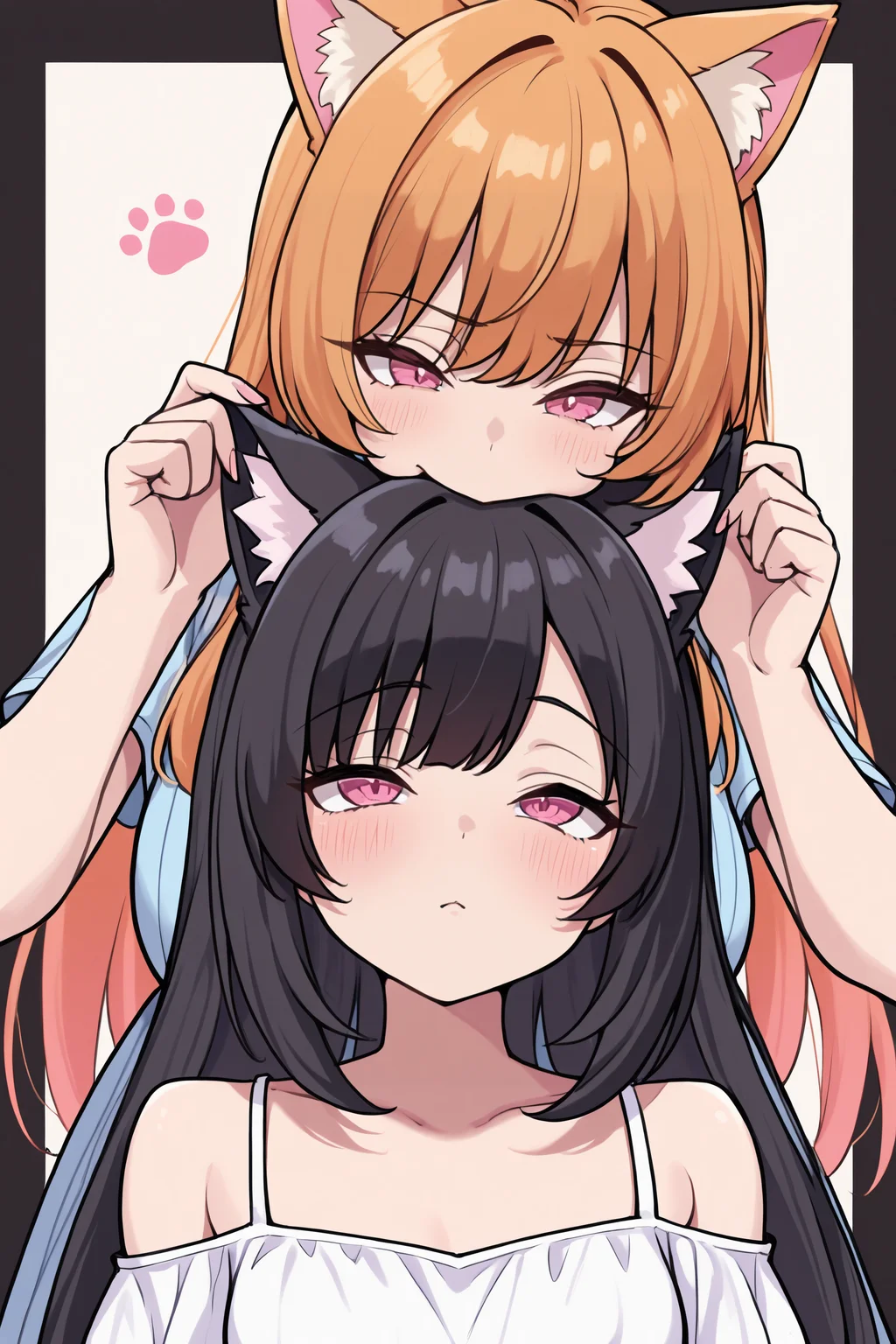 masterpiece, best quality, 2girls, multuply girls
 <lora:CheekBiteIllustriousV1:0.8> cheek_bite, 
upper body, long hair, two-tone background, kemonomimi mode, cat ears, pink eyes, ginger hair, black hair, dress,