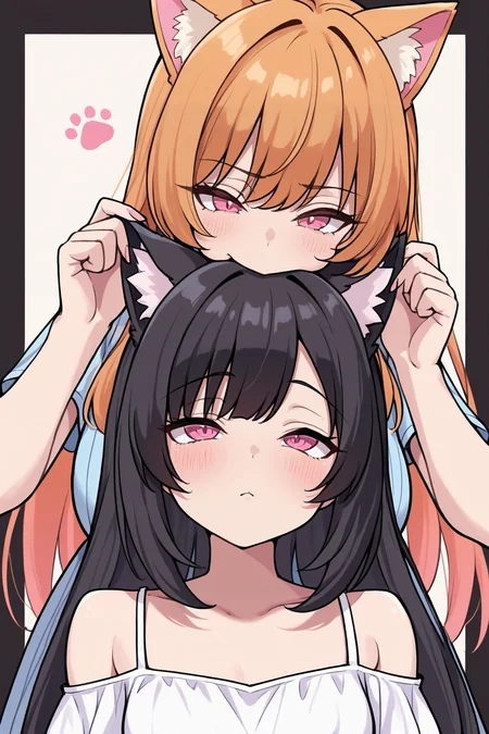 masterpiece, best quality, 2girls, multuply girls
 <lora:CheekBiteIllustriousV1:0.8> cheek_bite, 
upper body, long hair, two-tone background, kemonomimi mode, cat ears, pink eyes, ginger hair, black hair, dress,
