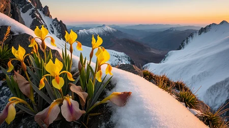 masterpiece,best quality,amazing quality,high resolution,ultra-detailed,absurdres,HDR,8K,high contrast,realistic,muted lithing,sharp focus,fine details,
A cinematic scenic photography of the view On a rugged mountain ridge with bright yellow Siberian iris in bloom. At winter dawn, pale rose light glints on frost-kissed bud remnants, each breath hisses into frigid air, and the ridge lies silent under fresh snow. ,