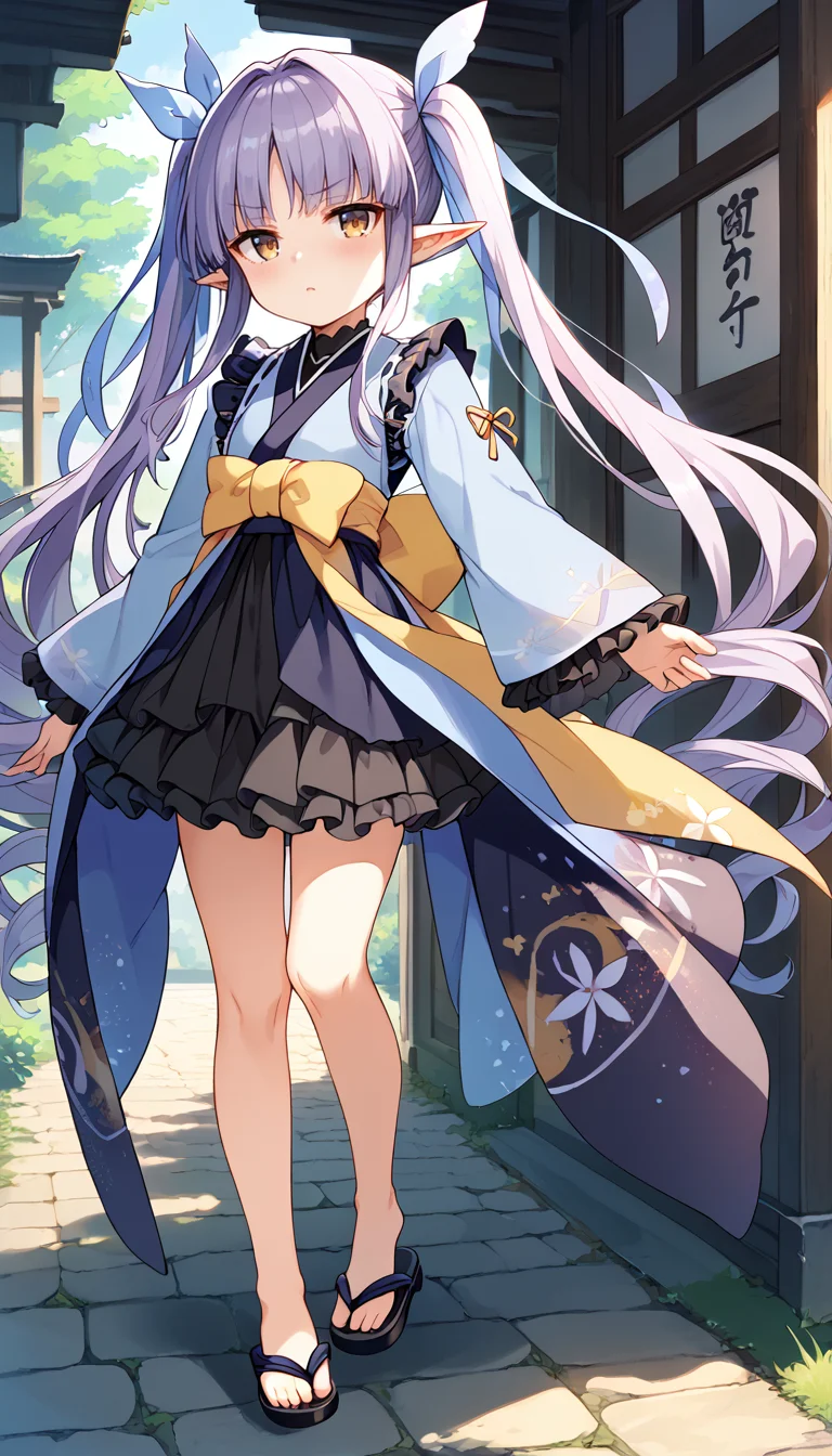 score_9,score_8_up,score_7_up,
official art,official style,game cg,megami magazine,
kyoukadef,
(black skirt:1.2),blue kimono,blue ribbon,black skirt,blush,bow,brown eyes,dress,elf,frilled sleeves,frilled skirt,
frills,hair ribbon,japanese clothes,kimono,layered skirt,long hair,long sleeves,pointy ears,purple hair,
ribbon,skirt,twintails,very long hair,wide sleeves,yellow eyes,
1girl,solo,
standing,full body,
<lora:princess_connect_kyouka_pony_v1:1>,