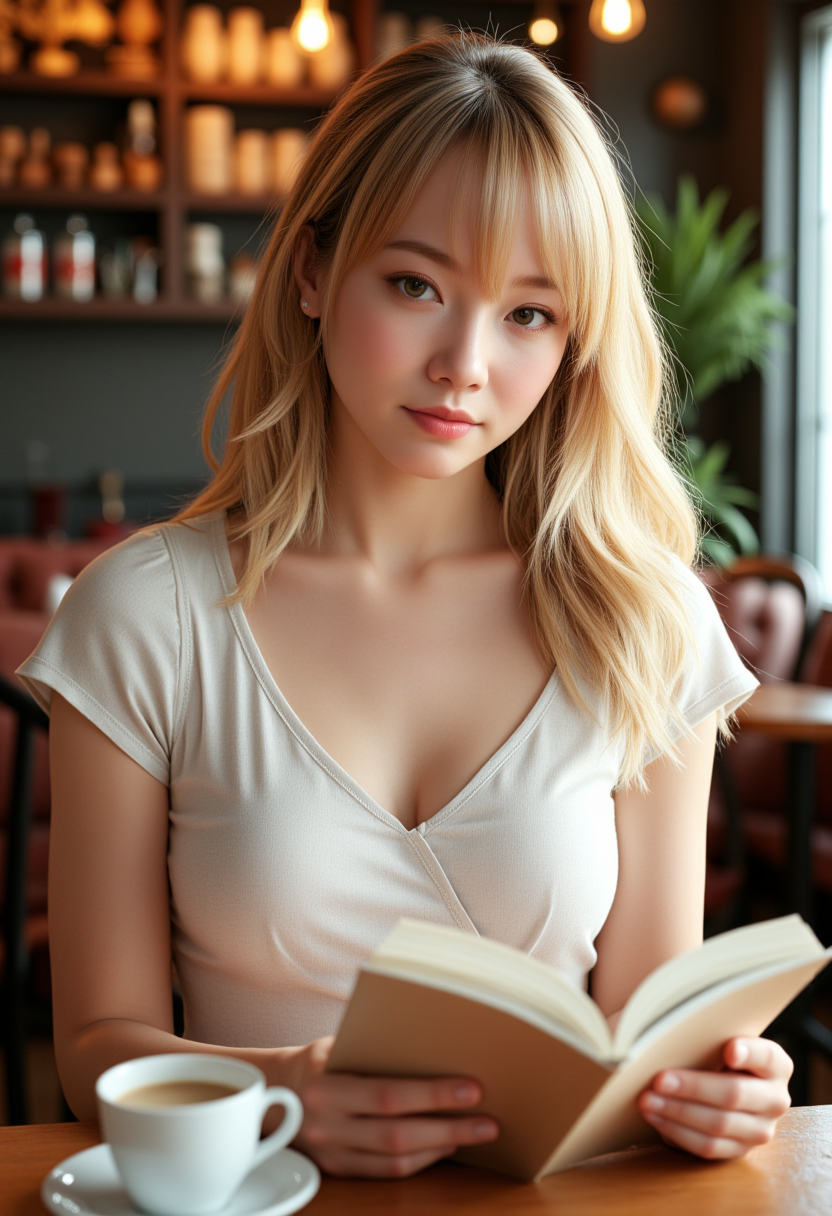 She is approximately 18 years old. Hyperrealism, she is looking at the camera, (dynamic angles), profile headshots of a beautiful, stunning unique female character. she has blonde hair. her eyes are filled with joy and excitement, extravagant eyelashes, a photo of Kitti3, a woman wearing  a white frilly shirt. She is sitting in a café, indoors, reading a book, with a cup of coffee sitting on the table in front of her. The café is decorated for Christmas.  The woman is posing confidently. She has a slight smile on her face and is looking directly at the camera. making this image a masterpiece of photography and digital art. realistic. making this image a masterpiece of photography and digital art. Style: realistic hyper-detailed rendering, 32k UHD, expressive eyes, punk, graphic design, girl's face, pretty and cute, gleaming lips, telling a tale of adventure. Exuding confidence and serenity. The overall mood of the image is happy and relaxed,detailed skin texture,(blush:0.2),(goosebumps:0.3),subsurface scattering,whimsical,Detailed hand, Perfect hand. Perfection style.