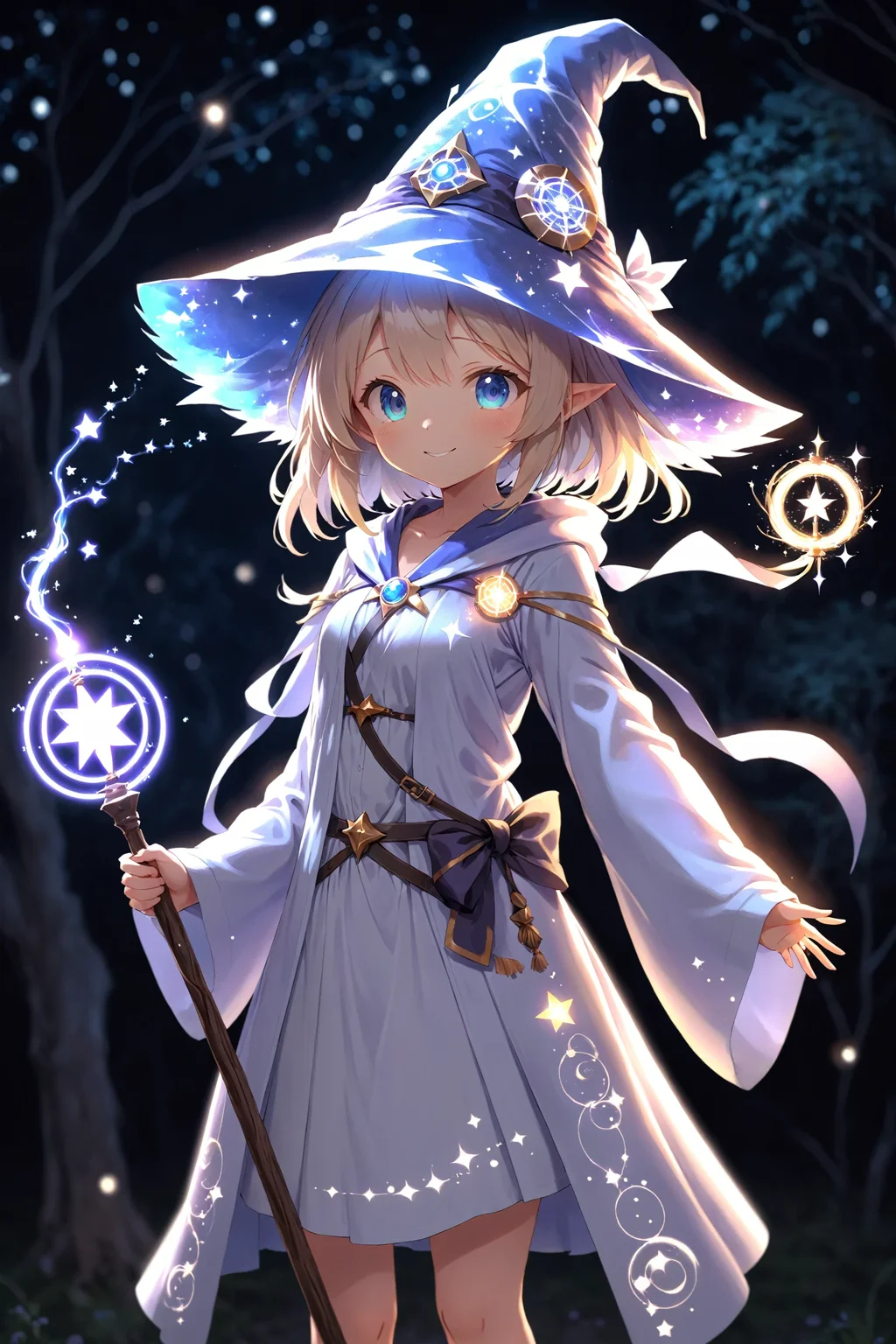 anime, cute girl, wizard hat, robe, holding ancient staff, happy, magic circle, midnight, bloom, ambient occlusion, glow, glowing lights, light particles, bokeh, star, twinkles, transparent, translucent