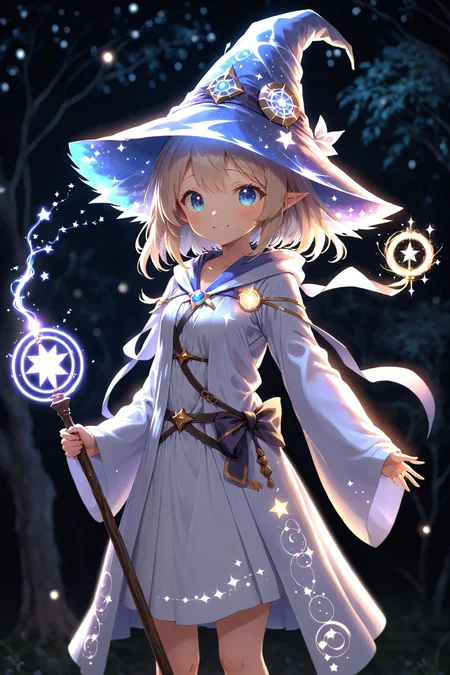 anime, cute girl, wizard hat, robe, holding ancient staff, happy, magic circle, midnight, bloom, ambient occlusion, glow, glowing lights, light particles, bokeh, star, twinkles, transparent, translucent