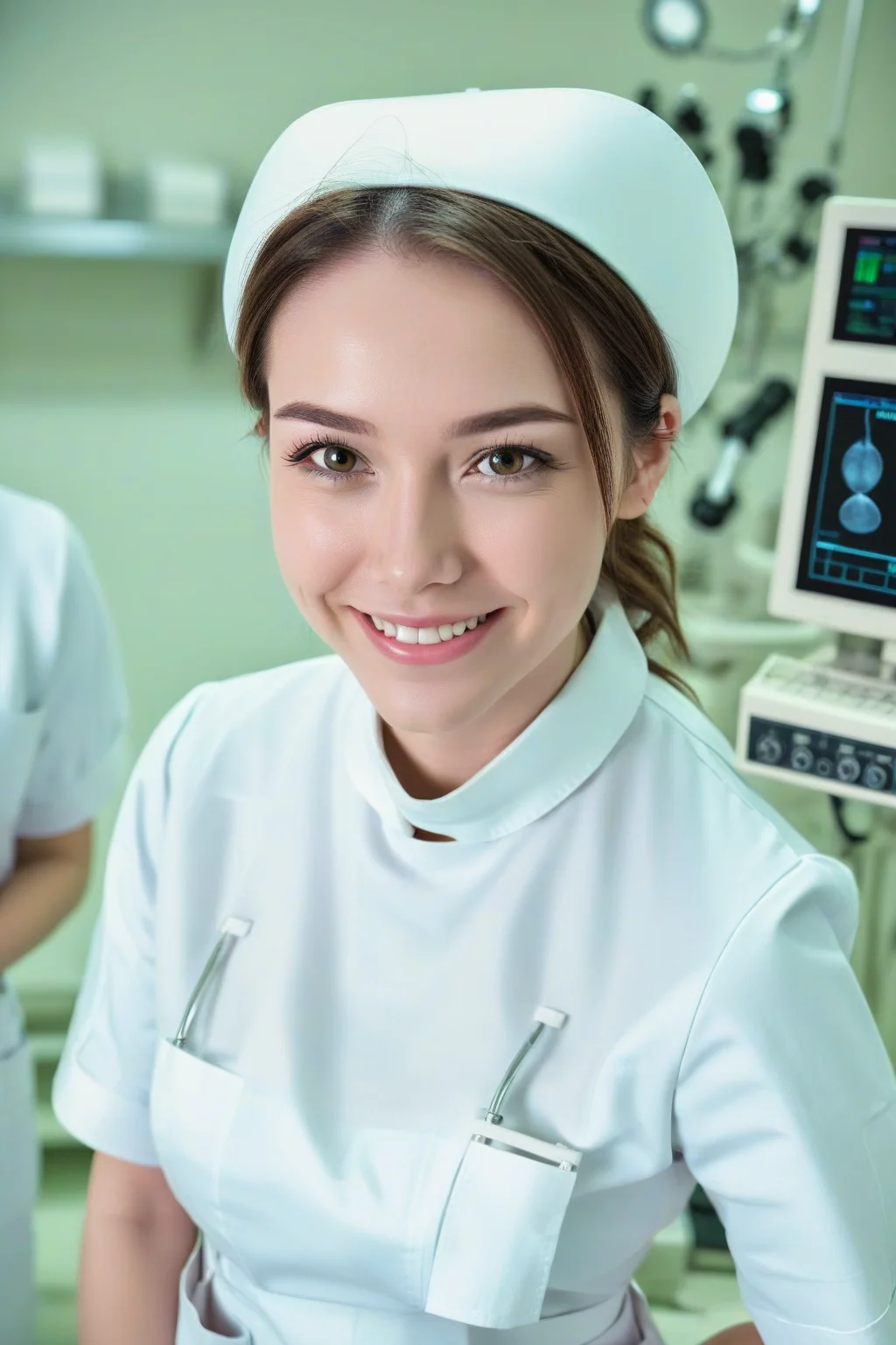 Inside a modern operating room, a young nurse wears white nurse uniform with nurse cap, with a gentle smile on the face.
<lora:nurse_uniform_xl_v1-000003:1>