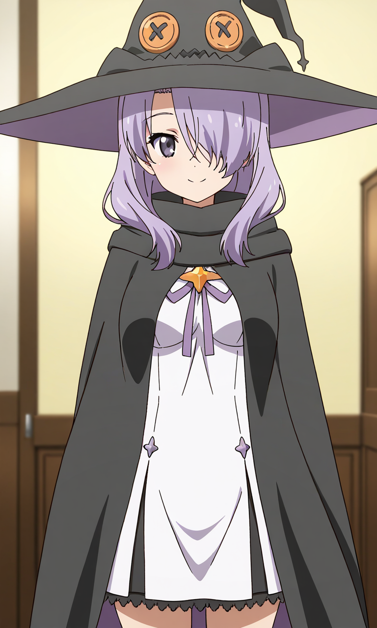 masterpiece, best quality, good quality, <lora:Nanako_Houkago_no_Pleiades_IS:0.9>
Nanako(Pleiades), 1girl, purple hair, hair over one eye, purple eyes, long hair, breasts, anime coloring, 
purple ribbon, hair over one eye, long hair, breasts, 1girl, solo, smile witch hat, looking at viewer, home in the room, cowboy Shot, white dress, black cloak,