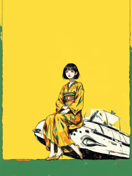 An illustrated image of a woman in traditional Japanese attire sitting on the roof of a spaceship. background is amber yellow <lora:Midjourney_Whisper_BrushPulse_v01:0.7>, border is matcha green <lora:inkedgemono-simple_epoch-08:0.9> 1NK3D63SIM <lora:Midjourney_Whisper_Minimal:0.9>
| no deformed hands, no too many limbs, no too many fingers,