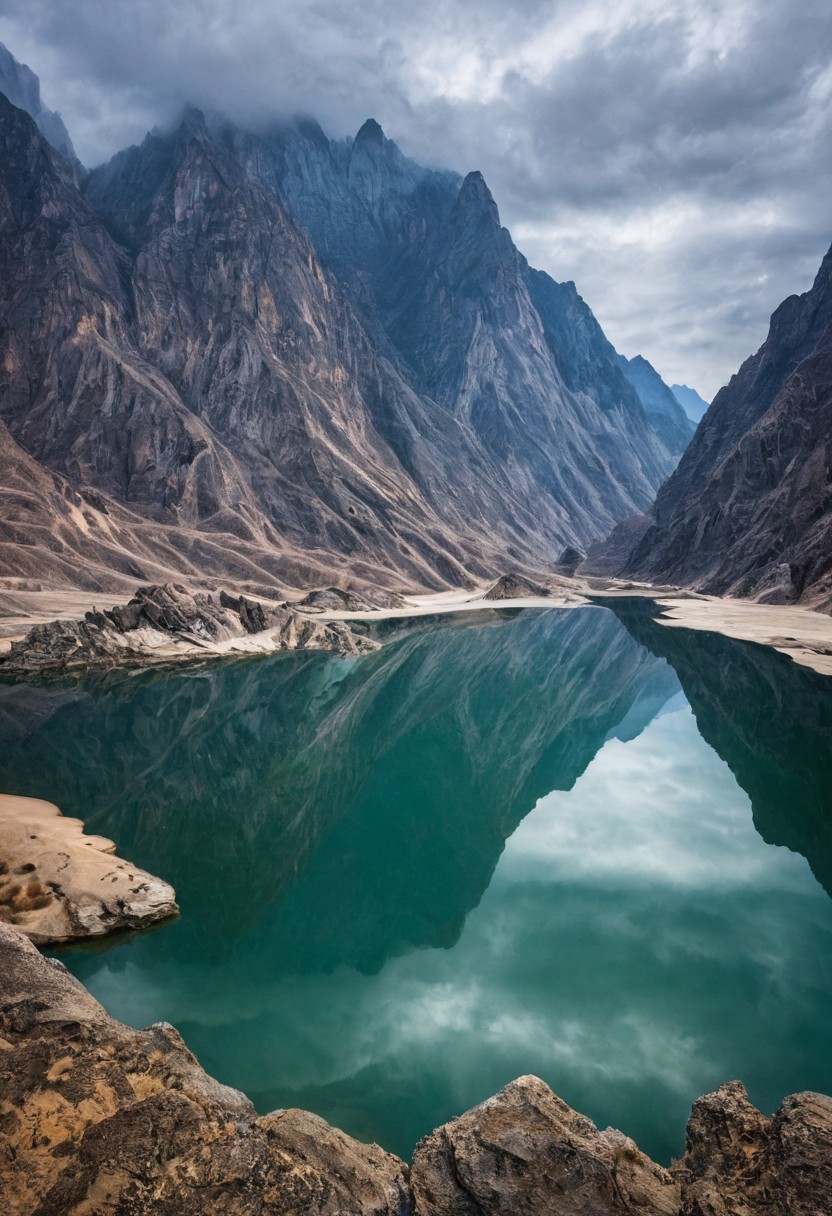 mirror reflection.
majestic scene of the dragon river, china, huge sharp edge mountains, clouds, neat image.