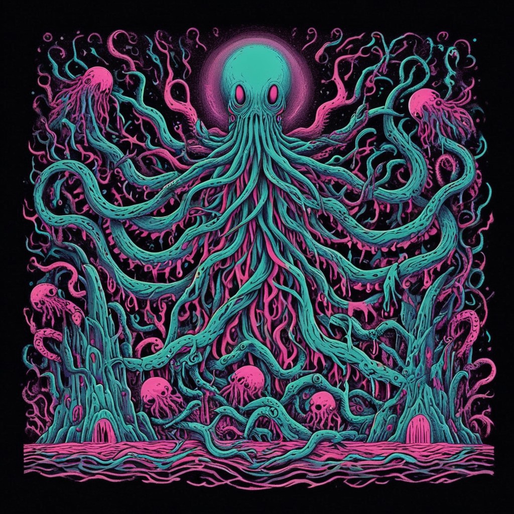 score_9, score_8_up, score_7_up, score_6_up, three_color_engraving, easynegative, cthulhu, neonnightmare, octopus tentacle, cosmic horror, BREAK, BREAK, background: (hell)