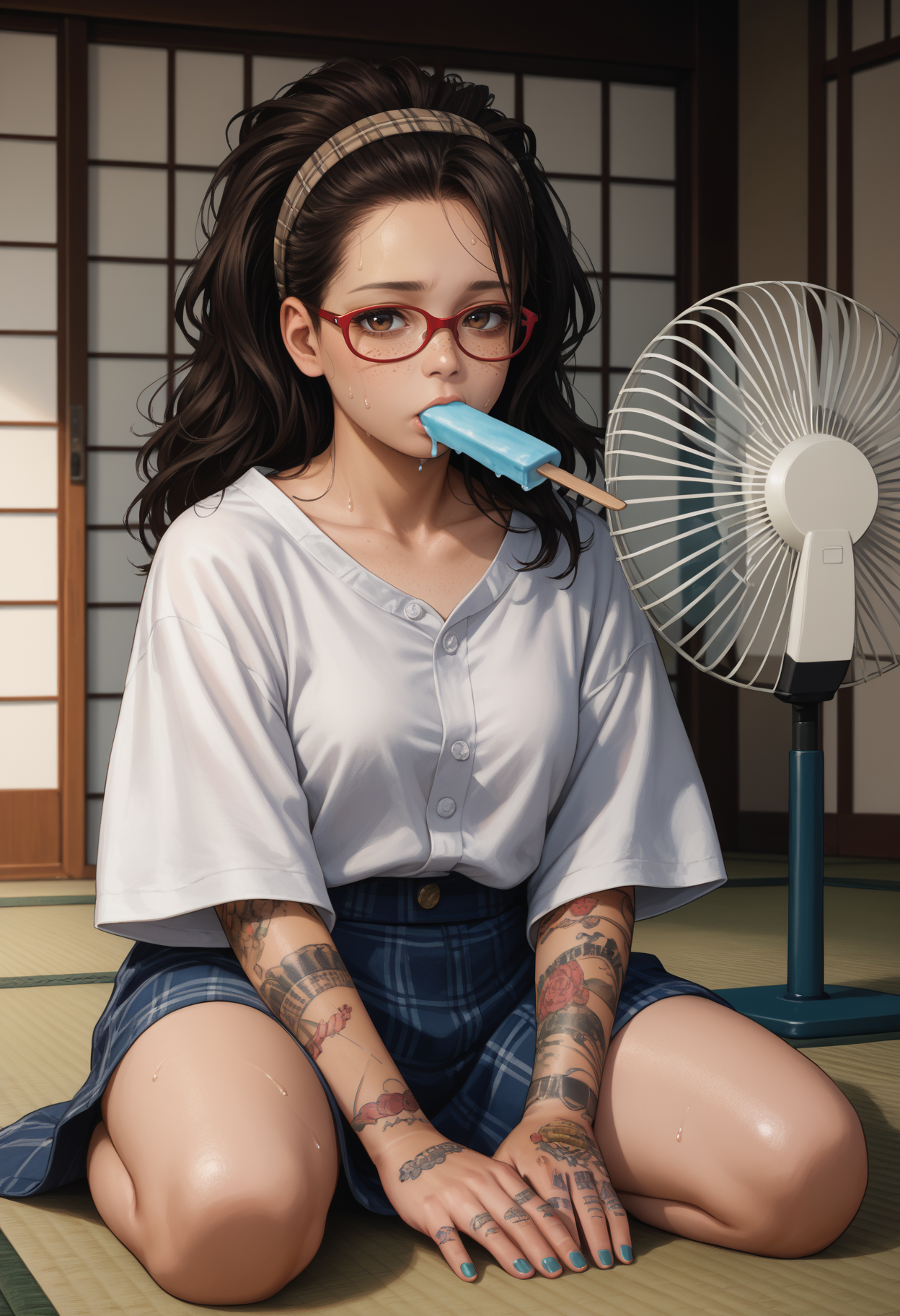 score_9, score_8_up,score_7_up, source_anime, 1girl, solo, <lora:DMCNC_pdxl_EliPot:1> Ncltt, mature female, 
black hair, long hair, brown eyes, glasses, red-framed eyewear, plaid hairband, freckles, 
arm tattoo, hand tattoo, nail polish, 
 white shirt, shirt only, buttoned shirt, collarbone, oversized clothes, oversized shirt, sweating, sweat, tired, sitting, wariza, legs apart, kneeling, eating, popsicle, electric fan, wind, indoors, eastern architecture, tatami,