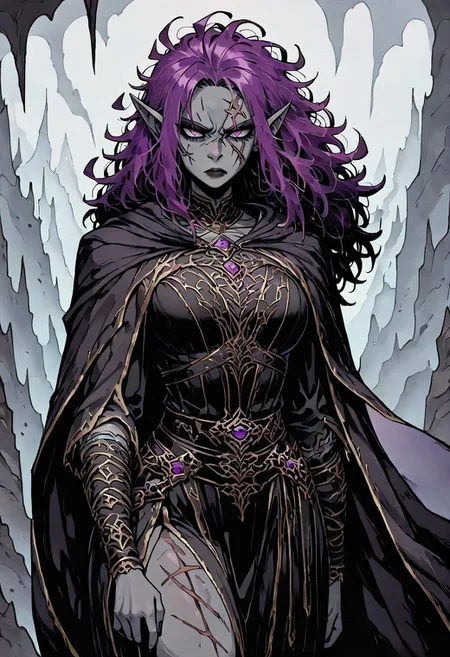 masterpiece, best quality, newest, absurdres, highres, TTCSV2.0, 1girl, goth, gothic, goth fashion, elf, coreset, messy hair, scar, scars, scar on face, fantasy, Purple hair, robe, cape, Purple eyes, grey skin, colored skin, grey colored skin, 
