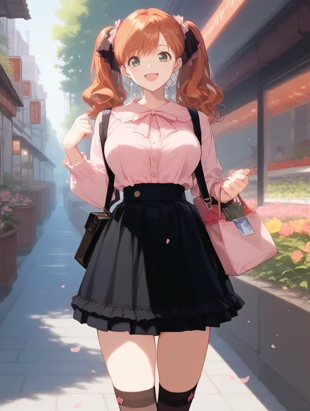 score_9, score_8_up, score_7_up, rating_family, time_evening, absurdres, highres, (official art, beautiful and aesthetic:1.3), ultra detail, city, shopping street, cherry blossoms, colorful flowers, various flowers, falling petals, 1boy, standing, 1girl, cute, (holding small bag:1.1), <lora:jirai kei_pony_V1.0:1>, jirai kei, pink shirt, black skirt, (mini skirt1.1), thighhighs smile, open mouth, looking at viewer, <lora:tanakaryou.pony:1>, tanakaryou, yurina, orange hair, high twintails, medium hair, (green eyes:1.1), large breasts, hand on groin,