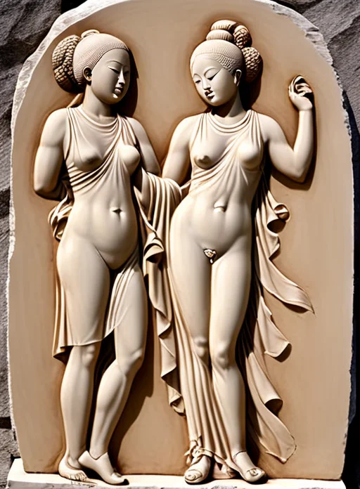 Bas-relief of young sey wooman in a tunica in front of yingyang <lora:Bas-relief-000004:1>
