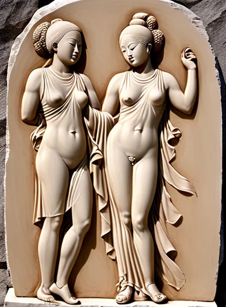 Bas-relief of young sey wooman in a tunica in front of yingyang <lora:Bas-relief-000004:1>