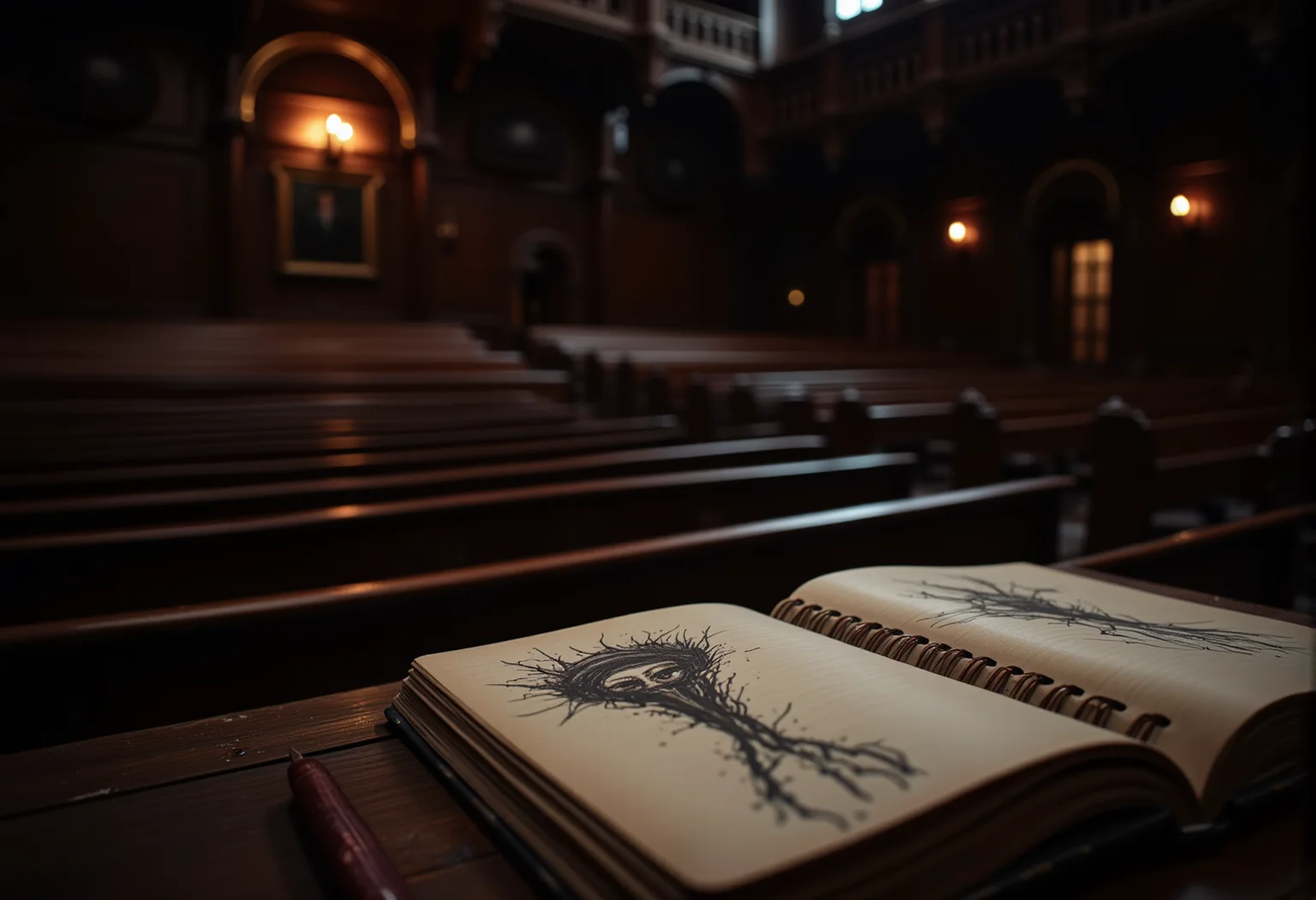 A grand lecture hall with rows of dark wooden benches, an abandoned notebook left open with cryptic drawings. bv-daraca<lora:bv-dark-academia-v1.safetensors:1.0:1.0>