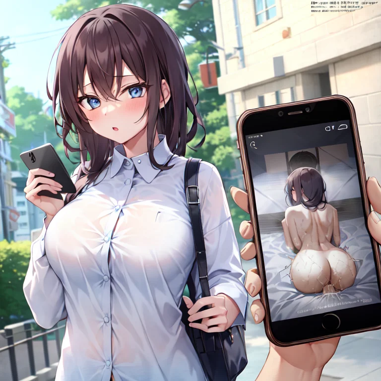 Photo_Comparison, 1girl, breast, standing, white shirt, phone, cellphone, smartphone, holding, sex, vaginal, picture