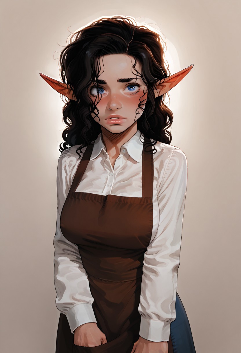 safe_pos, 4LFI3V1, source_anime, artist style: incase, colorful, score_9, score_8_up, score_8, 1girl, uru5h1h4r4, BREAK, shortstack, lips, long_hair, wavy hair, black hair, half_elf, halfling, shortstack, pointed_ears, blue_eyes, light_skin, petite, large_breasts, curly_hair, brown_apron, shy_expression, urushihara_satoshi